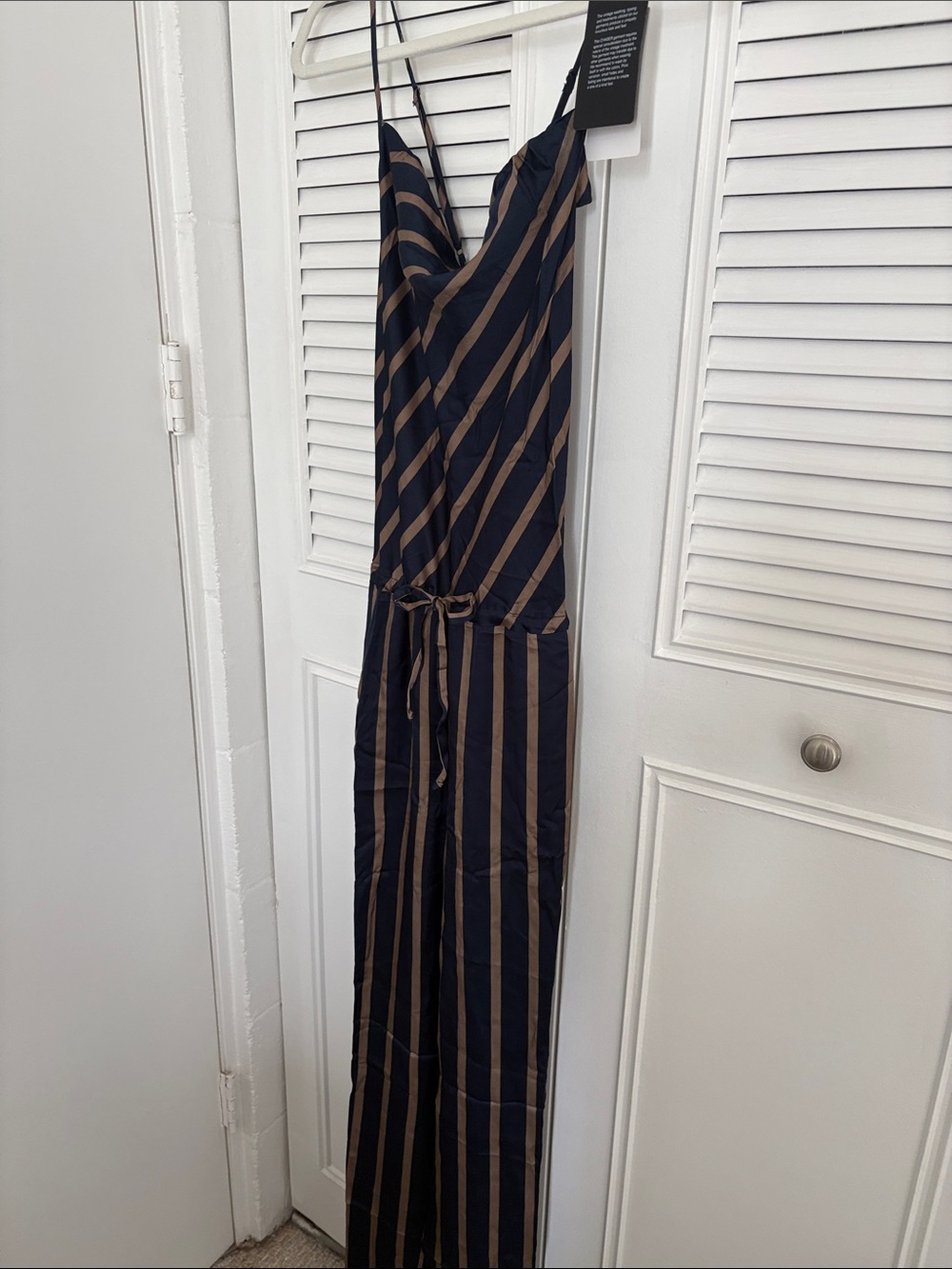 Chaser Navy and Tan Striped Spaghetti-Strap Jumpsuit